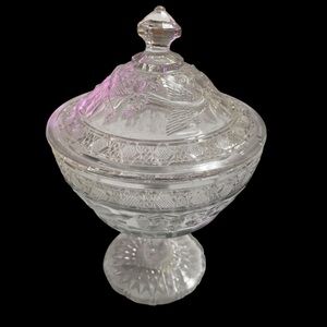 Antique EAPG Indiana Glass Bird & Strawberry Covered Compote High Standard